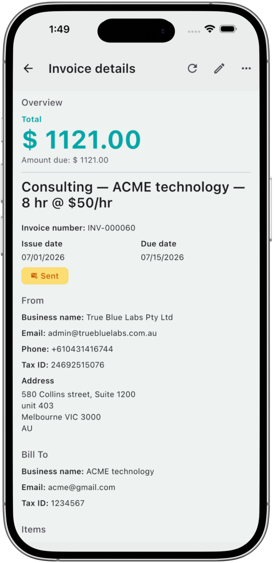 Invoicefy — invoice details screen