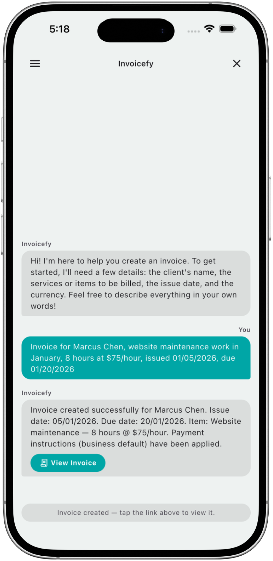 Invoicefy — text2invoice AI screen